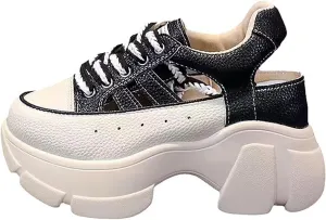 Cubicbee Women's Leather Platform Hollow Out Walking Shoes Non-Slip Breathable Lace-Up Rome Sandals Adjustable Buckle Casual Sneakers