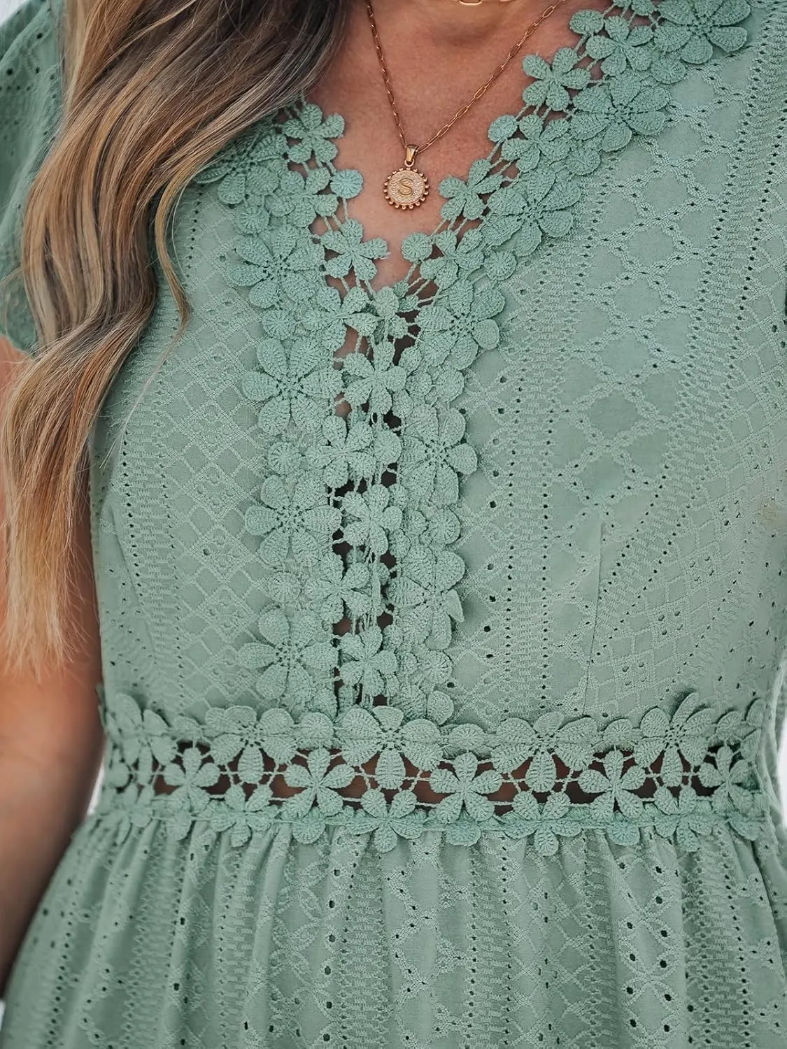 CUPSHE Summer Dress for Women Casual Spring V Neck Lace Appliques Cap Sleeves Hollow Out Beach Mini Dress
