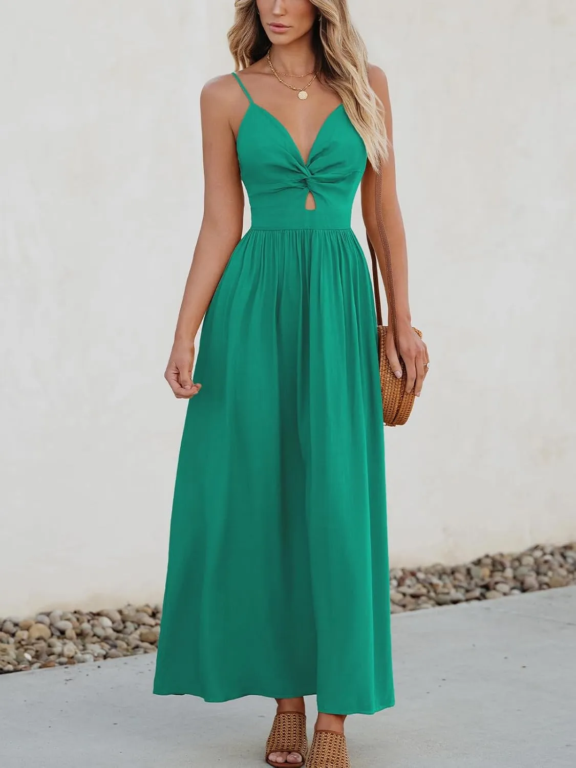 CUPSHE Women Casual Dress Beach Sleeveless V Neck Summer Cutout Spaghetti Straps Formal Maxi Sun Dresses