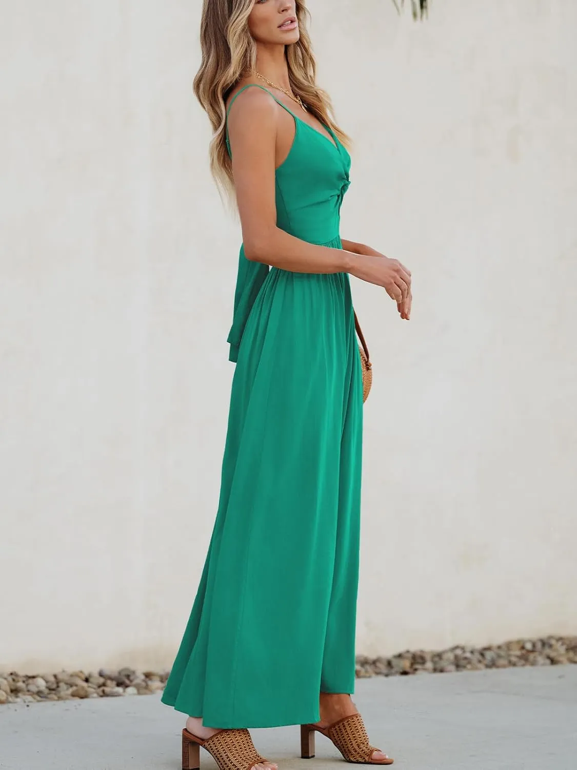 CUPSHE Women Casual Dress Beach Sleeveless V Neck Summer Cutout Spaghetti Straps Formal Maxi Sun Dresses