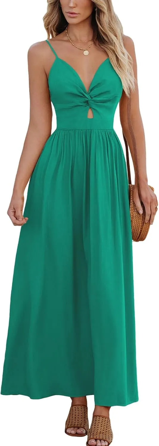 CUPSHE Women Casual Dress Beach Sleeveless V Neck Summer Cutout Spaghetti Straps Formal Maxi Sun Dresses