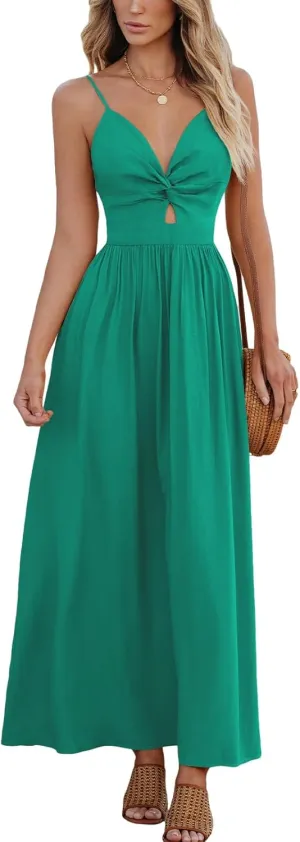 CUPSHE Women Casual Dress Beach Sleeveless V Neck Summer Cutout Spaghetti Straps Formal Maxi Sun Dresses