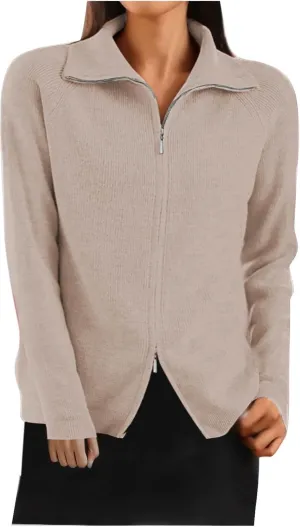 Cute Fall Sweaters for Women Trendy Long Sleeve Zip Up Collared Sweater Jackets Ribbed Knit Pullover Jumper