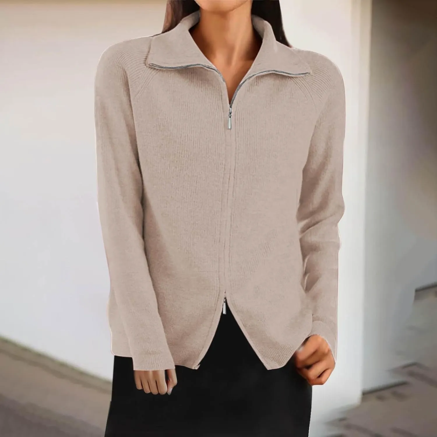 Cute Fall Sweaters for Women Trendy Long Sleeve Zip Up Collared Sweater Jackets Ribbed Knit Pullover Jumper
