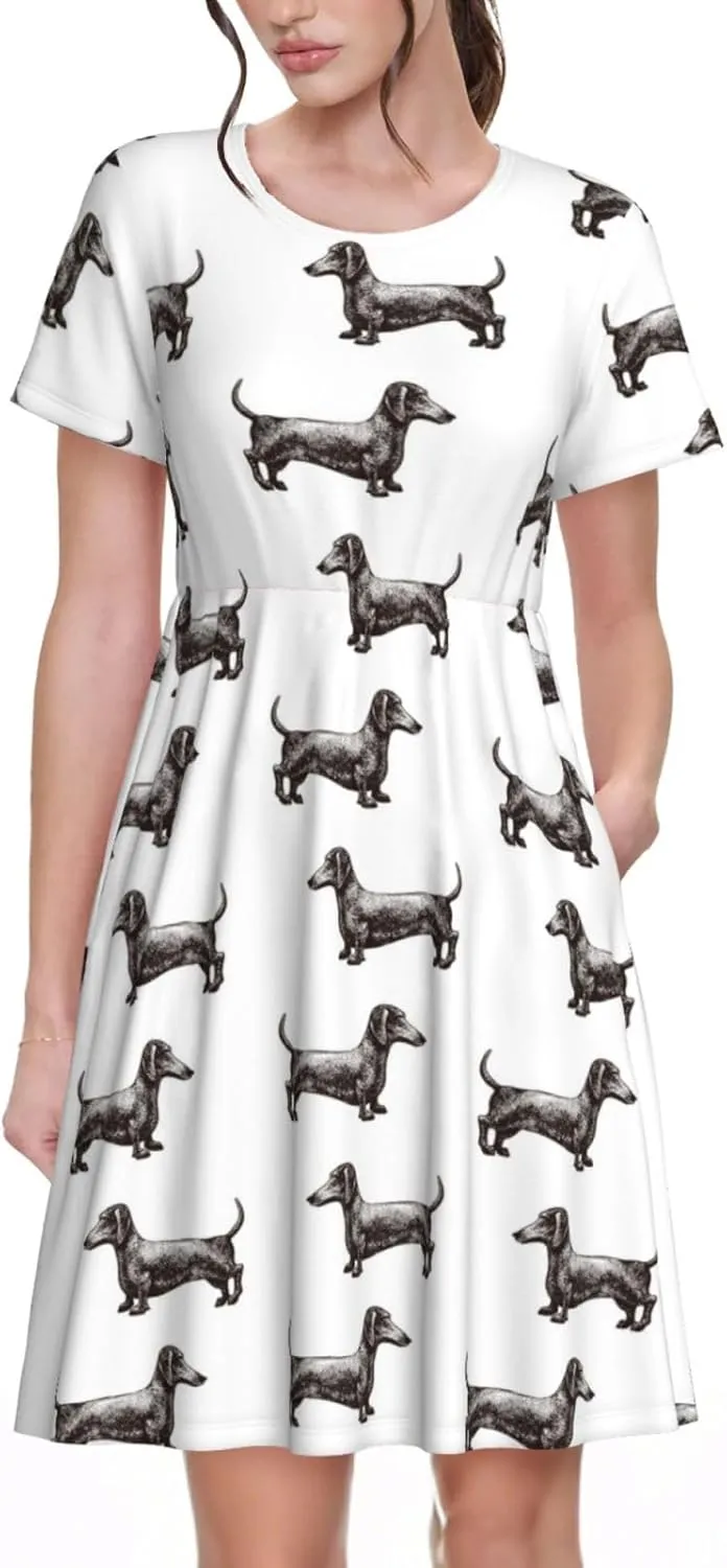 Dachshund Dog Puppy for Women's Casual Short Sleeve Dress with Pockets Dress for Summer,Travel,Lounging-