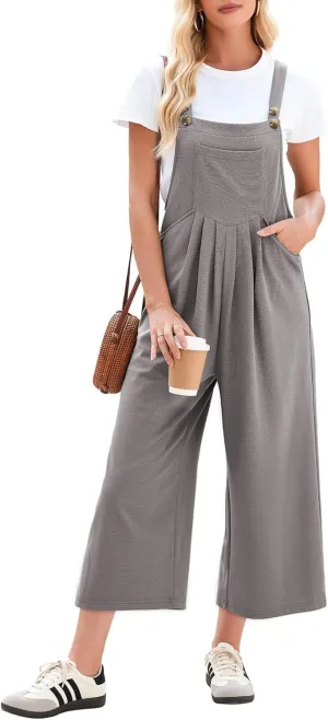 Dokotoo Women's Jumpsuits Casual Overalls One Piece Sleeveless Wide Leg Long Pant Rompers Waffle Knit Loose Fit Pockets