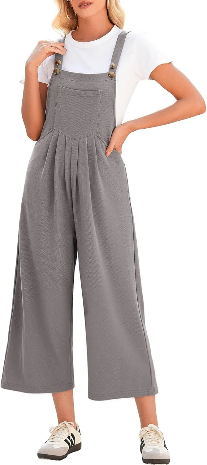 Dokotoo Women's Jumpsuits Casual Overalls One Piece Sleeveless Wide Leg Long Pant Rompers Waffle Knit Loose Fit Pockets