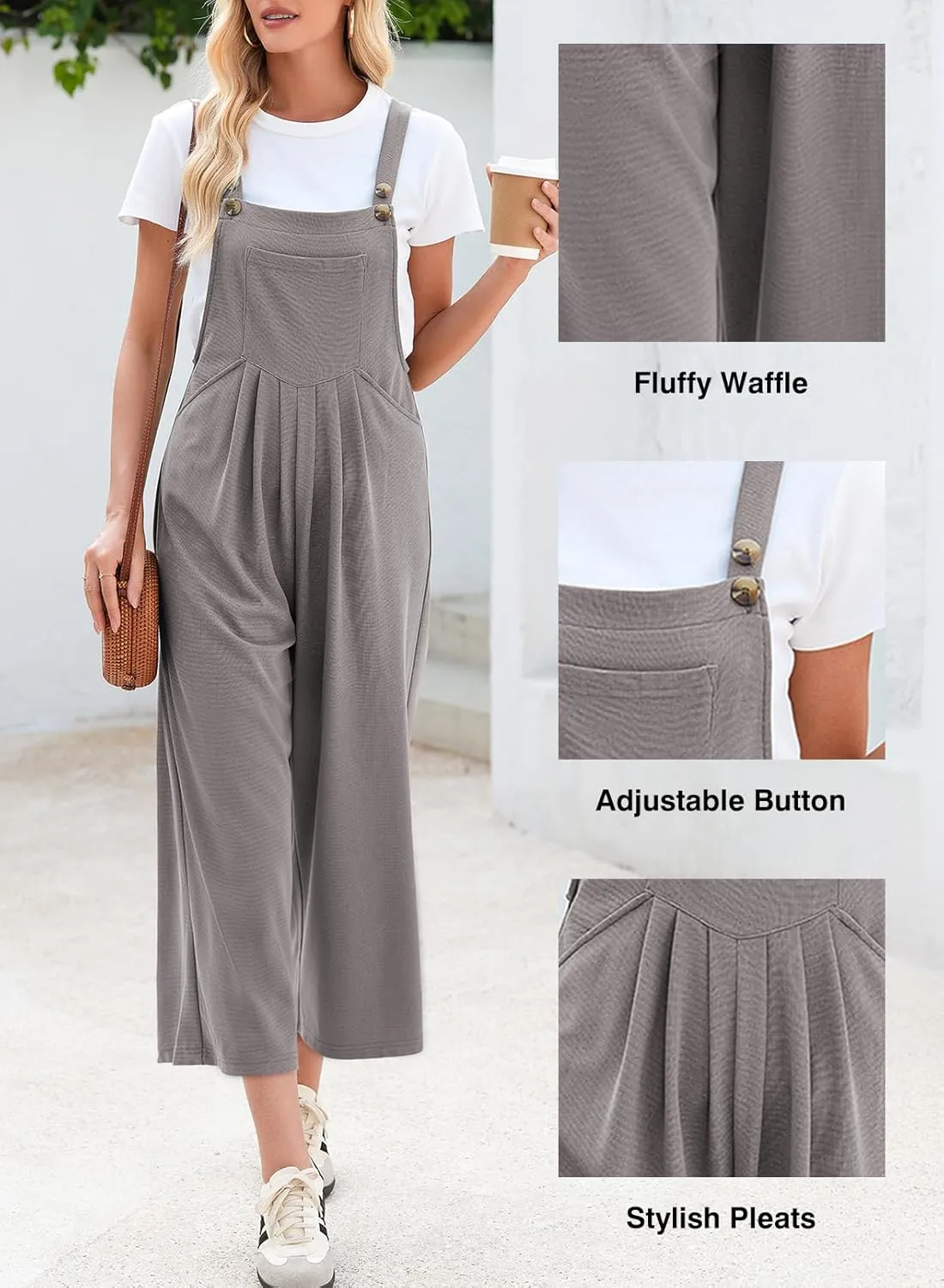 Dokotoo Women's Jumpsuits Casual Overalls One Piece Sleeveless Wide Leg Long Pant Rompers Waffle Knit Loose Fit Pockets