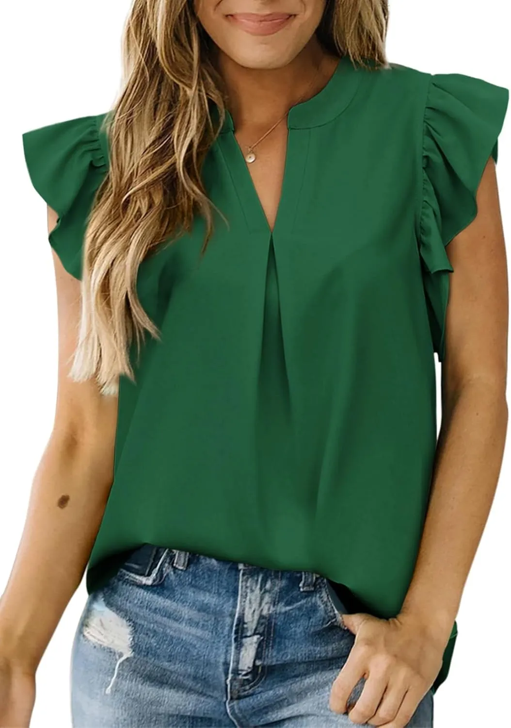 Dokotoo Womens Summer Tops Dressy Casual V Neck Ruffle Short Sleeve Solid Blouses Tops