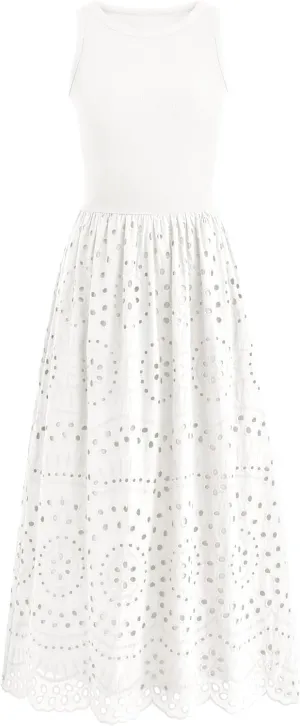 dowerme Women Summer Dresses 2025 Casual Sleeveless Crewneck A-Line Boho Lace Eyelet Cotton Tank Maxi Dress with Pockets