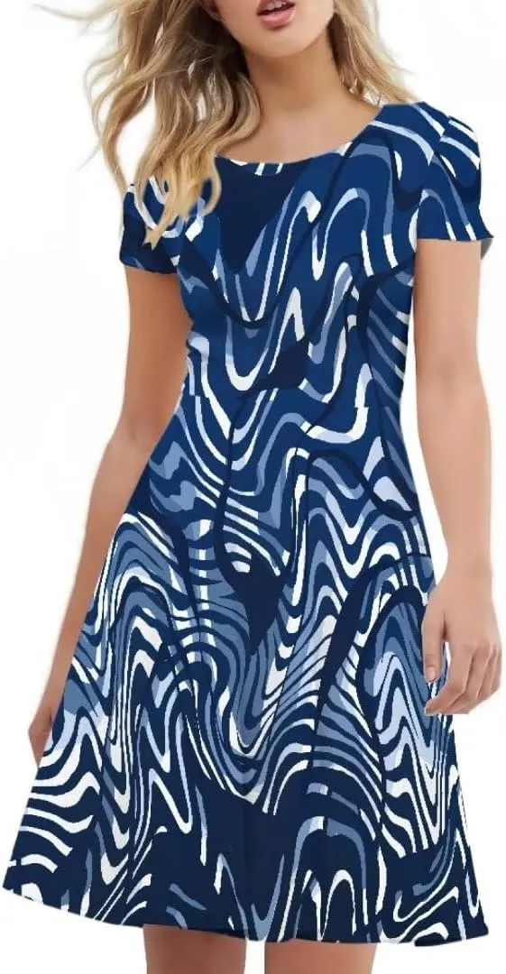 Dress for Women Shorts Sleeve Round Neck Colorful Pattern Printing Casual Loose Midi Dress