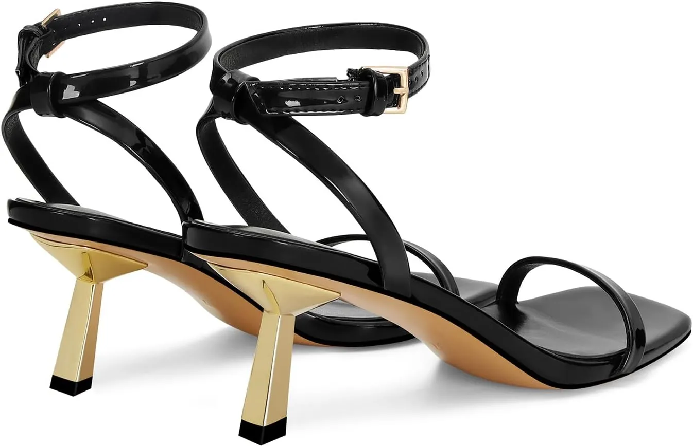 Dsevht Gold Strappy Heels for Women Kitten Heel Sandals Open Square Toe Stiletto High Heels with Ankle Strap Comfort Dress Party Shoes