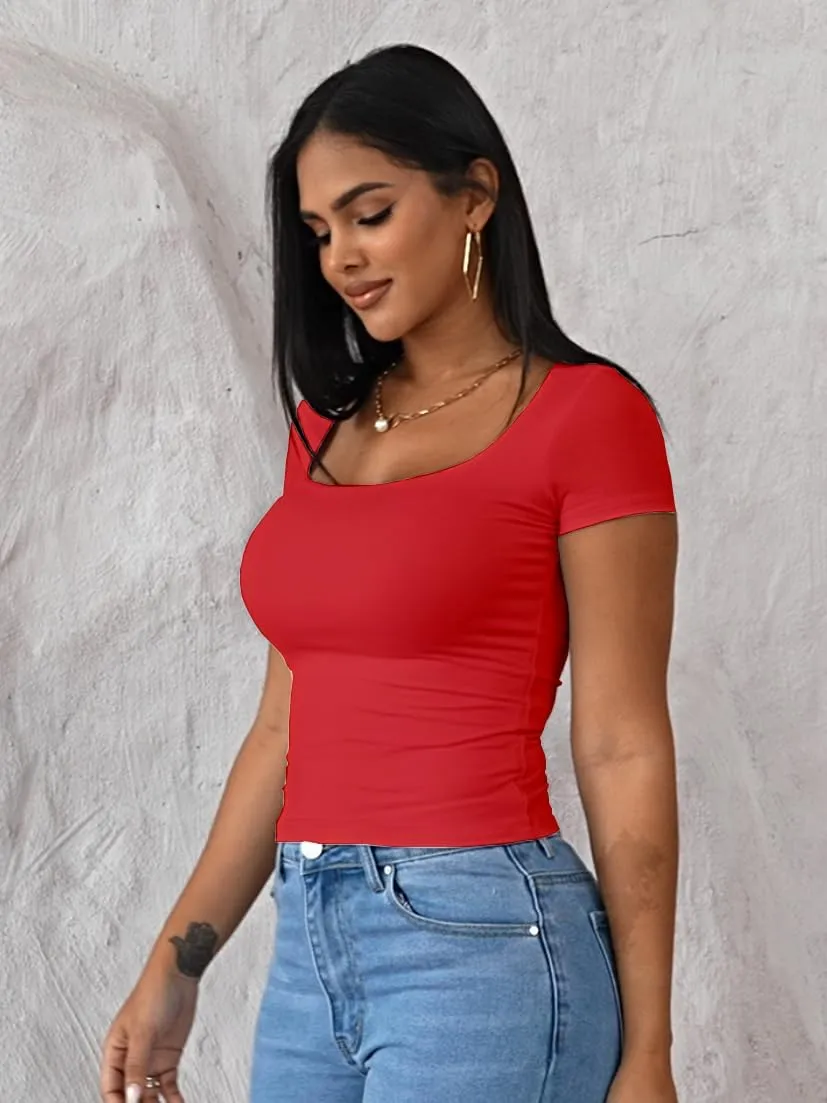 Dwnval Womens Sexy Short Sleeve Square Neck Tops Double Lined Basic Slim Fit Crop T Shirt 2025 Summer