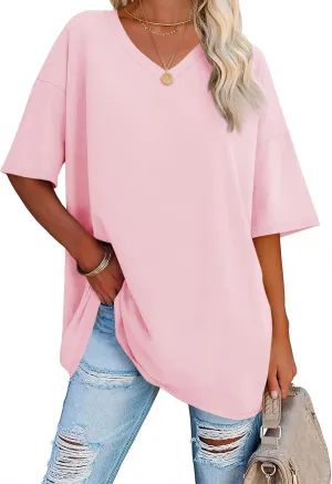 Ebifin Womens Oversized Tshirts V Neck Tee Shirts Half Sleeve Loose Fit T Shirt Cotton Tunic Tops 2024