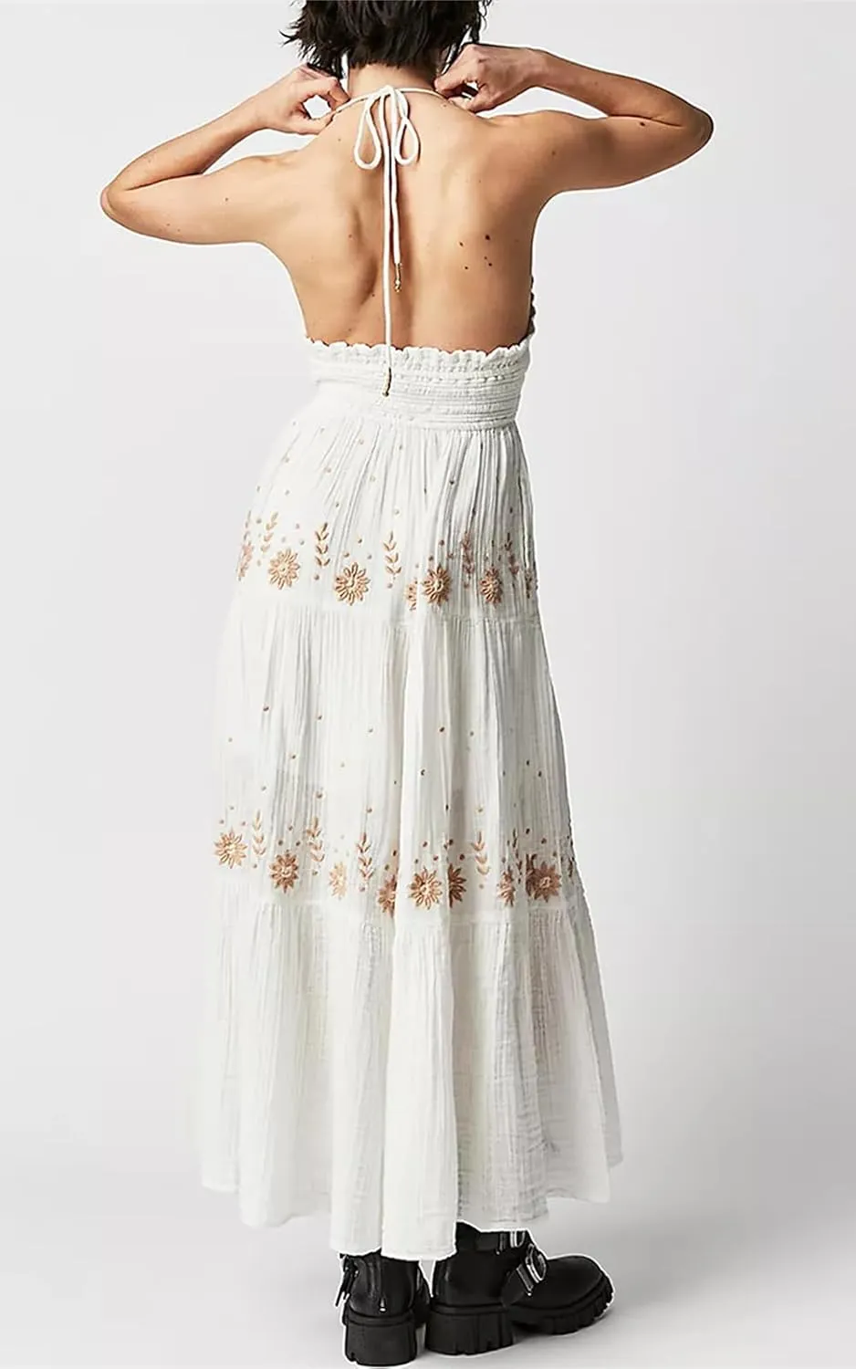 ebossy Women's Summer Boho Embroidered Daisy Maxi Dress Halter Shirred V Neck Backless Flowy Vacation Beach Sundress