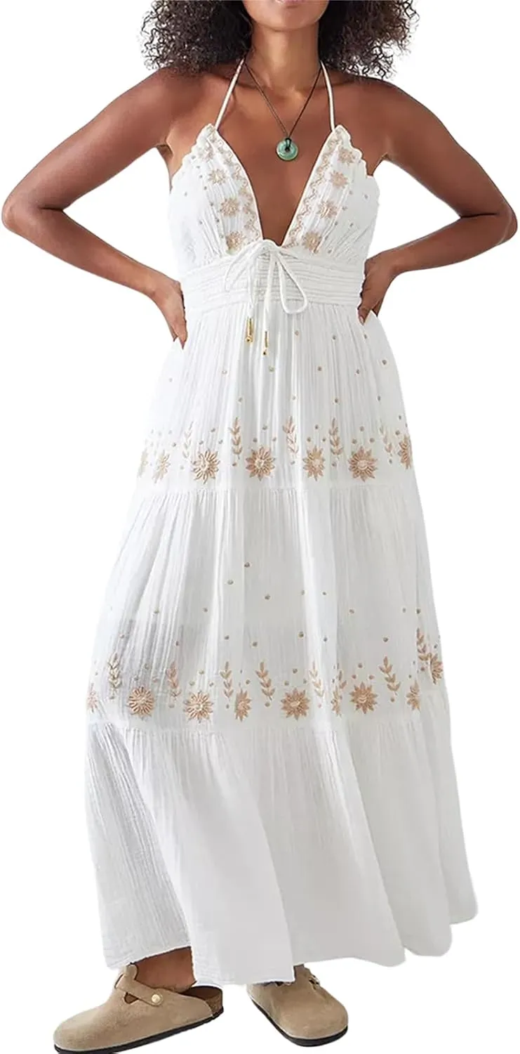 ebossy Women's Summer Boho Embroidered Daisy Maxi Dress Halter Shirred V Neck Backless Flowy Vacation Beach Sundress
