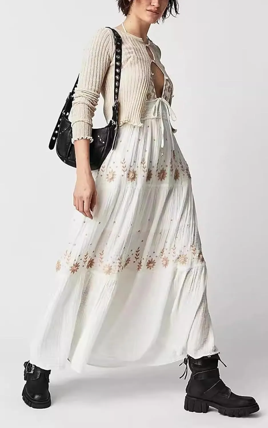 ebossy Women's Summer Boho Embroidered Daisy Maxi Dress Halter Shirred V Neck Backless Flowy Vacation Beach Sundress