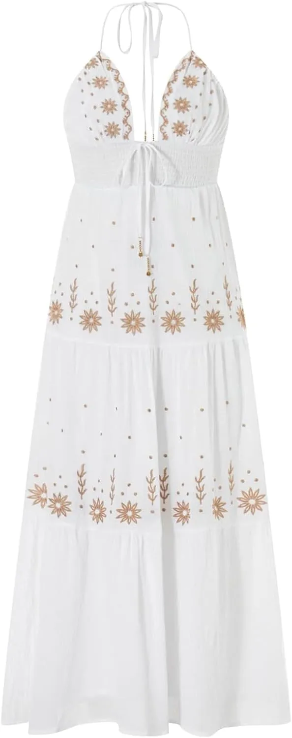 ebossy Women's Summer Boho Embroidered Daisy Maxi Dress Halter Shirred V Neck Backless Flowy Vacation Beach Sundress