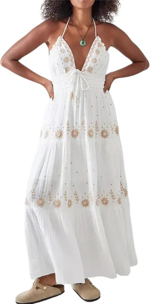 ebossy Women's Summer Boho Embroidered Daisy Maxi Dress Halter Shirred V Neck Backless Flowy Vacation Beach Sundress