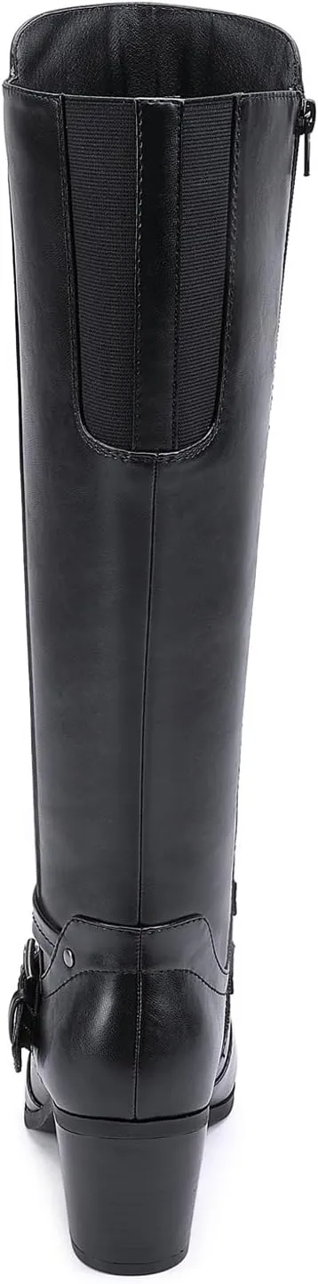EETTARO Women's Block Mid Heel Boots Knee High Winter Booties Fashion Pointed Toe Elastic Buckle Boot