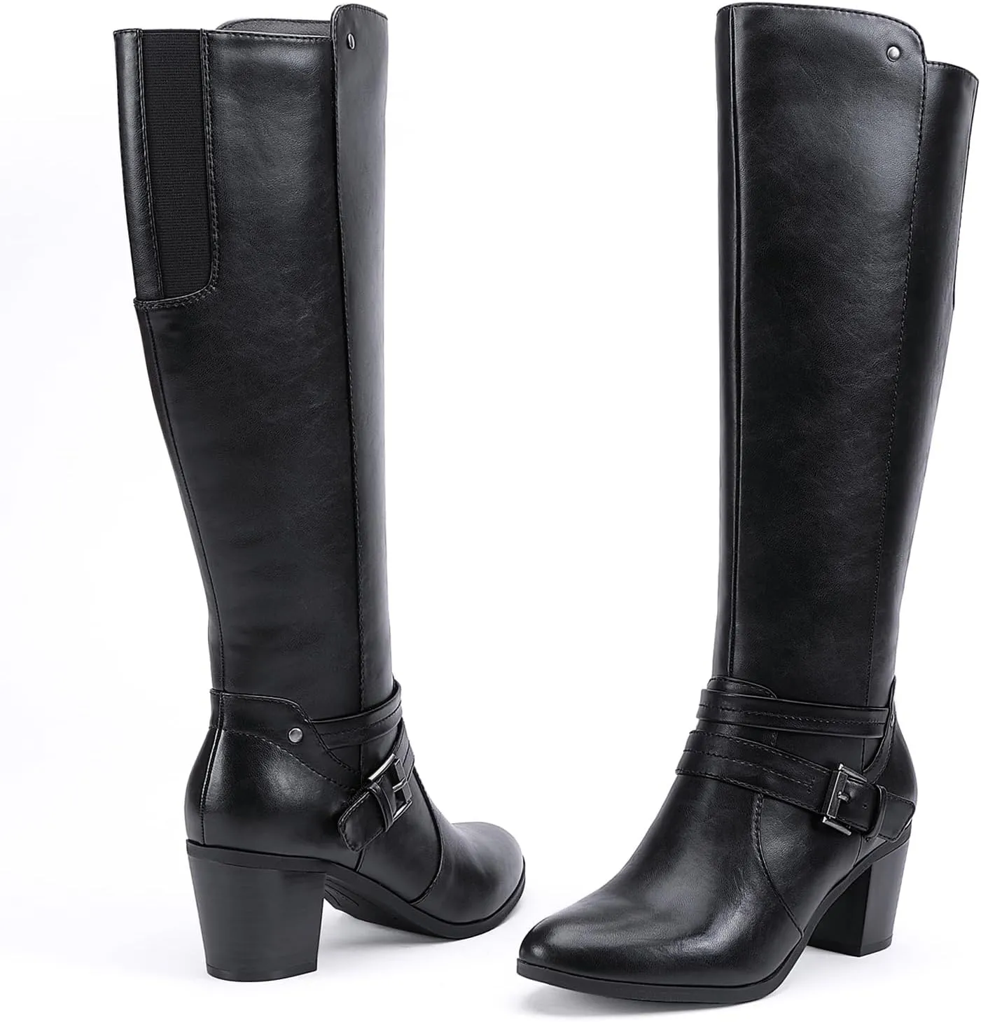 EETTARO Women's Block Mid Heel Boots Knee High Winter Booties Fashion Pointed Toe Elastic Buckle Boot