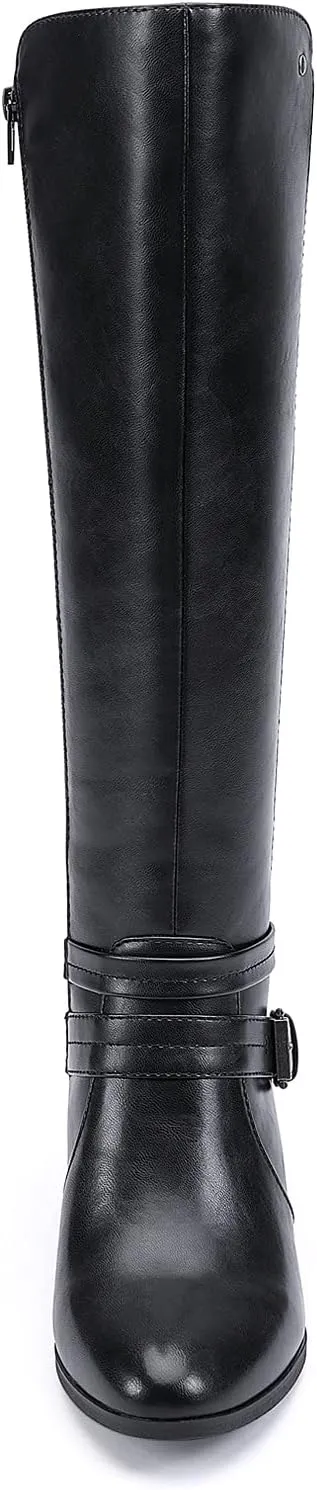 EETTARO Women's Block Mid Heel Boots Knee High Winter Booties Fashion Pointed Toe Elastic Buckle Boot