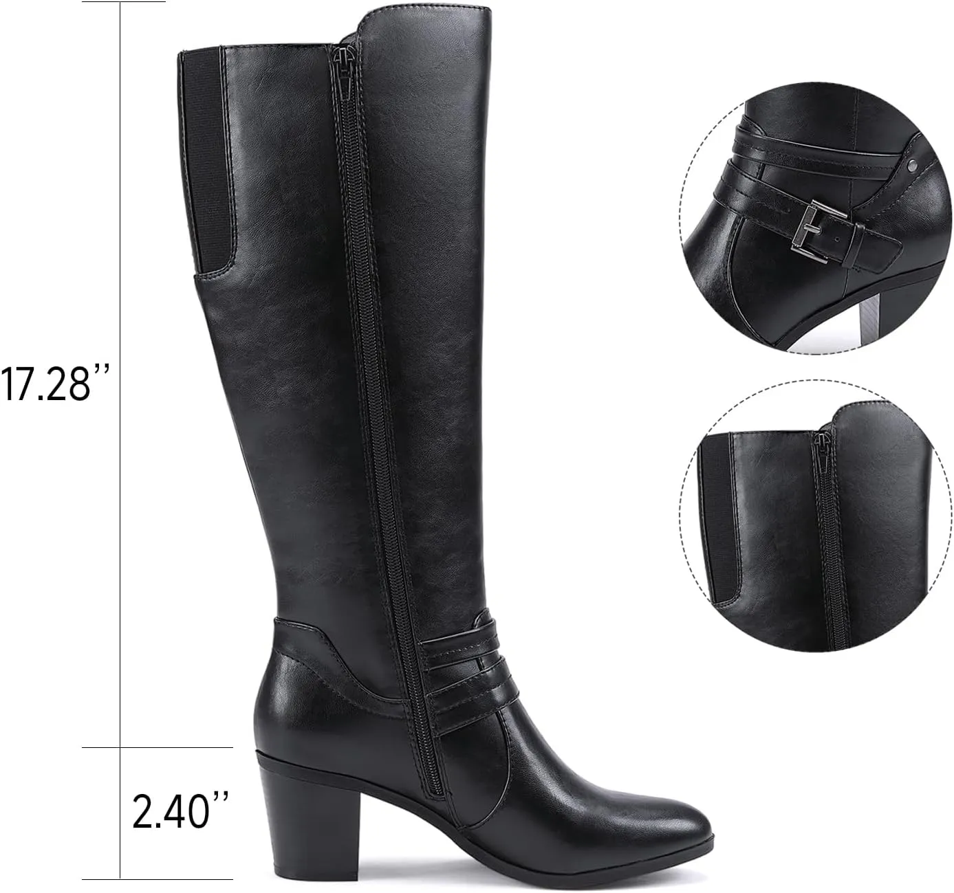 EETTARO Women's Block Mid Heel Boots Knee High Winter Booties Fashion Pointed Toe Elastic Buckle Boot