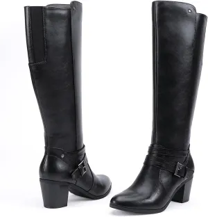 EETTARO Women's Block Mid Heel Boots Knee High Winter Booties Fashion Pointed Toe Elastic Buckle Boot