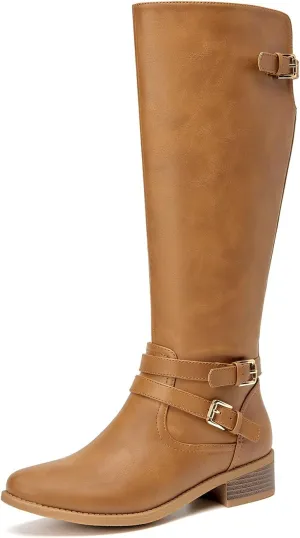 EETTARO Women's Fashion Knee High Boots Low Flat Heel Winter Boot Side Zip Adjustable Buckles Boots