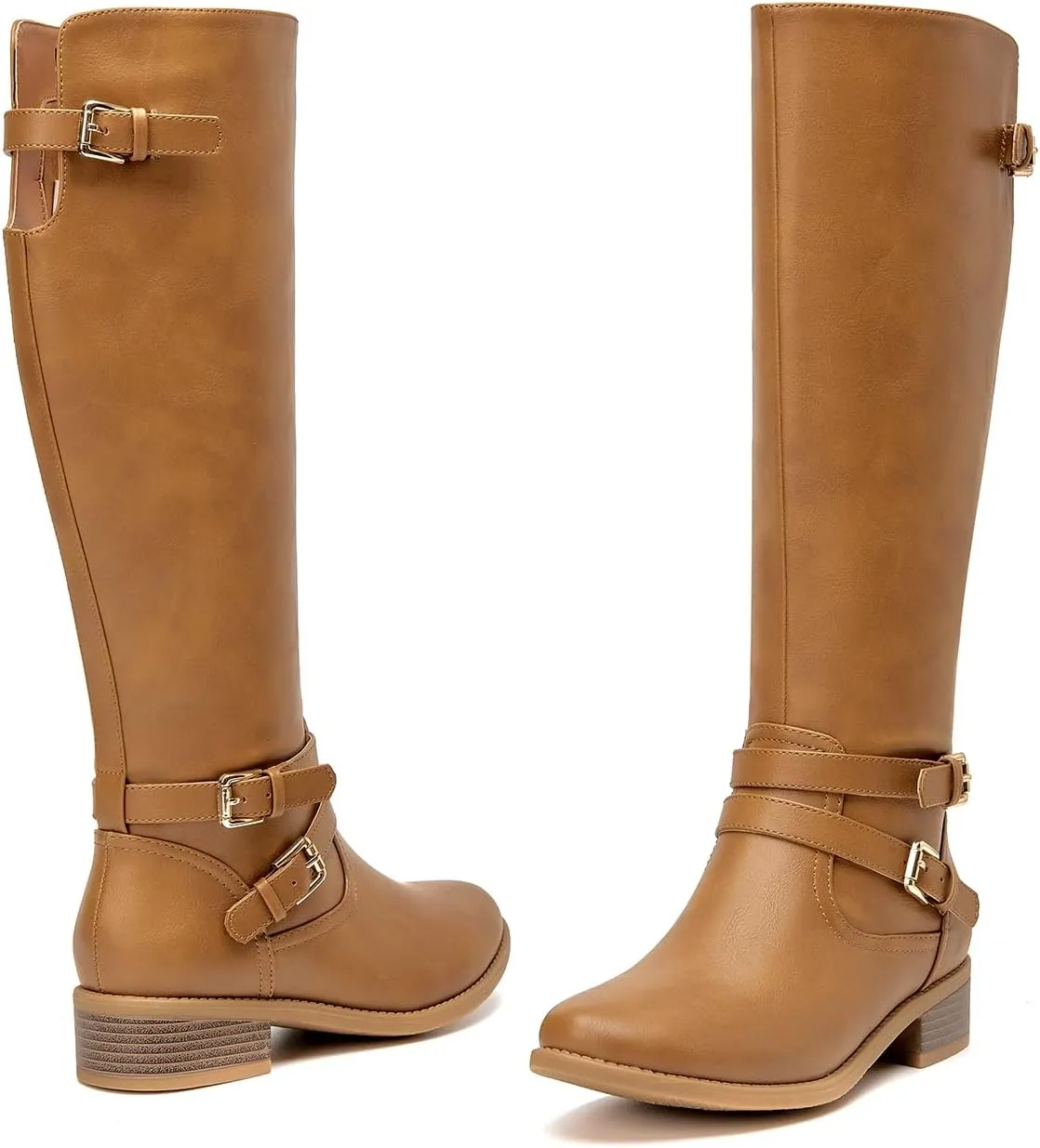 EETTARO Women's Fashion Knee High Boots Low Flat Heel Winter Boot Side Zip Adjustable Buckles Boots