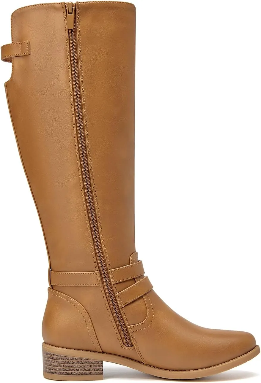 EETTARO Women's Fashion Knee High Boots Low Flat Heel Winter Boot Side Zip Adjustable Buckles Boots