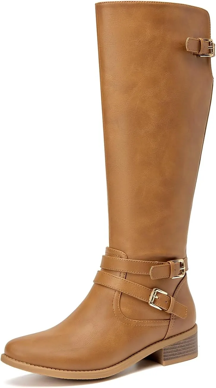 EETTARO Women's Fashion Knee High Boots Low Flat Heel Winter Boot Side Zip Adjustable Buckles Boots