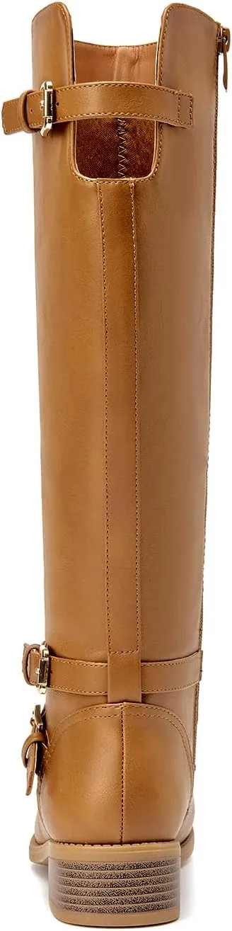 EETTARO Women's Fashion Knee High Boots Low Flat Heel Winter Boot Side Zip Adjustable Buckles Boots