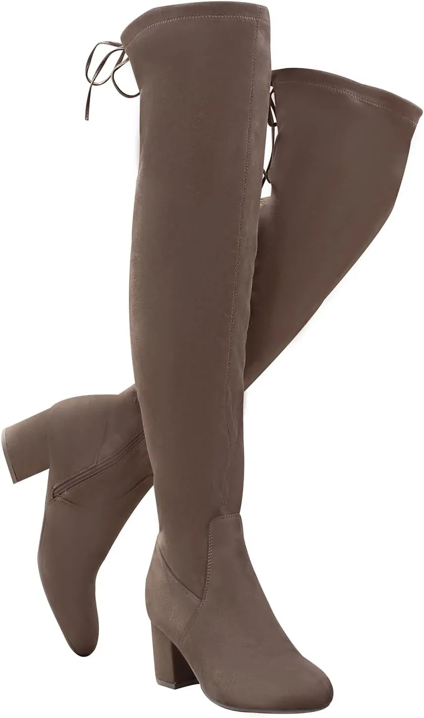 EETTARO Women's Over The Knee Boot Thigh High Block Heel Stretch Boots Fashion Side Zip Almond Toe Winter Booties