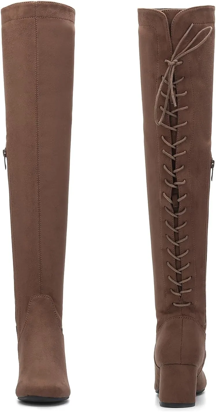 EETTARO Women's Over The Knee Boot Thigh High Block Heel Stretch Boots Fashion Side Zip Almond Toe Winter Booties