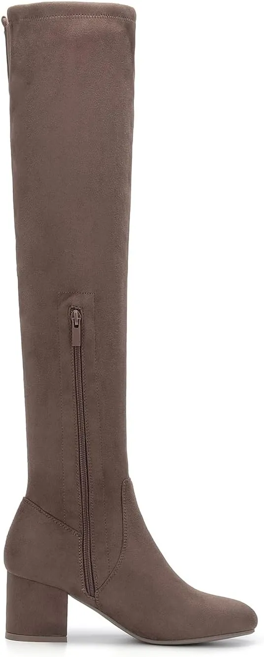 EETTARO Women's Over The Knee Boot Thigh High Block Heel Stretch Boots Fashion Side Zip Almond Toe Winter Booties