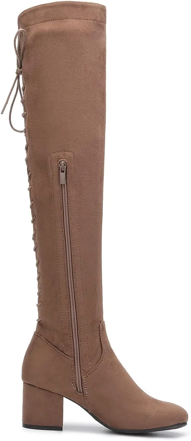 EETTARO Women's Over The Knee Boot Thigh High Block Heel Stretch Boots Fashion Side Zip Almond Toe Winter Booties