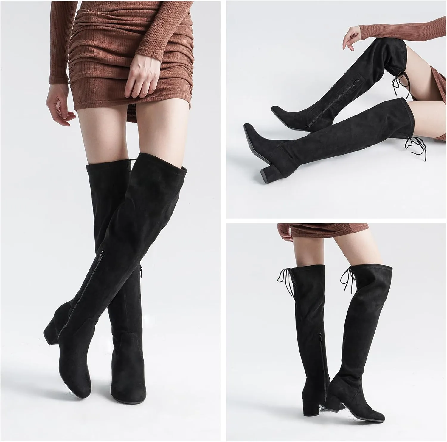 EETTARO Women's Over The Knee Boot Thigh High Block Heel Stretch Boots Fashion Side Zip Almond Toe Winter Booties
