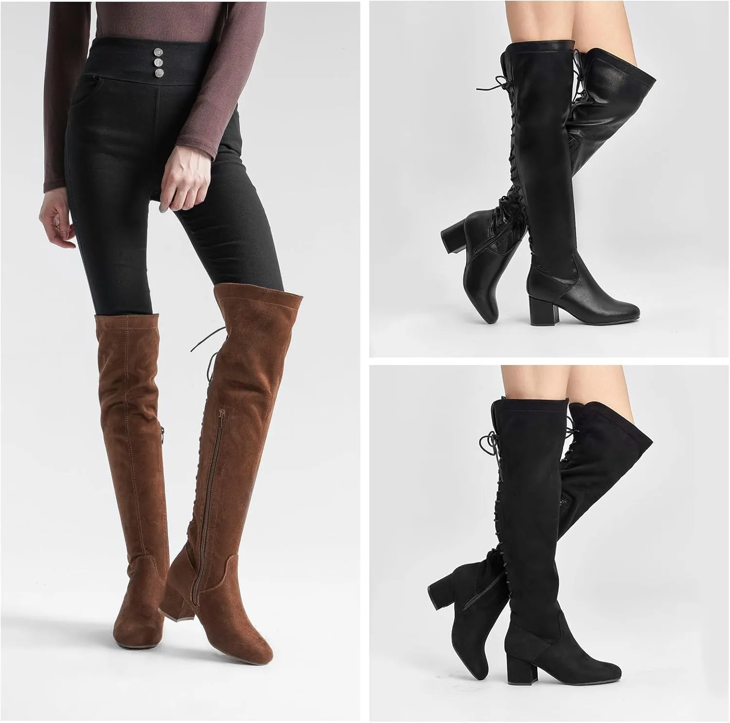 EETTARO Women's Over The Knee Boot Thigh High Block Heel Stretch Boots Fashion Side Zip Almond Toe Winter Booties