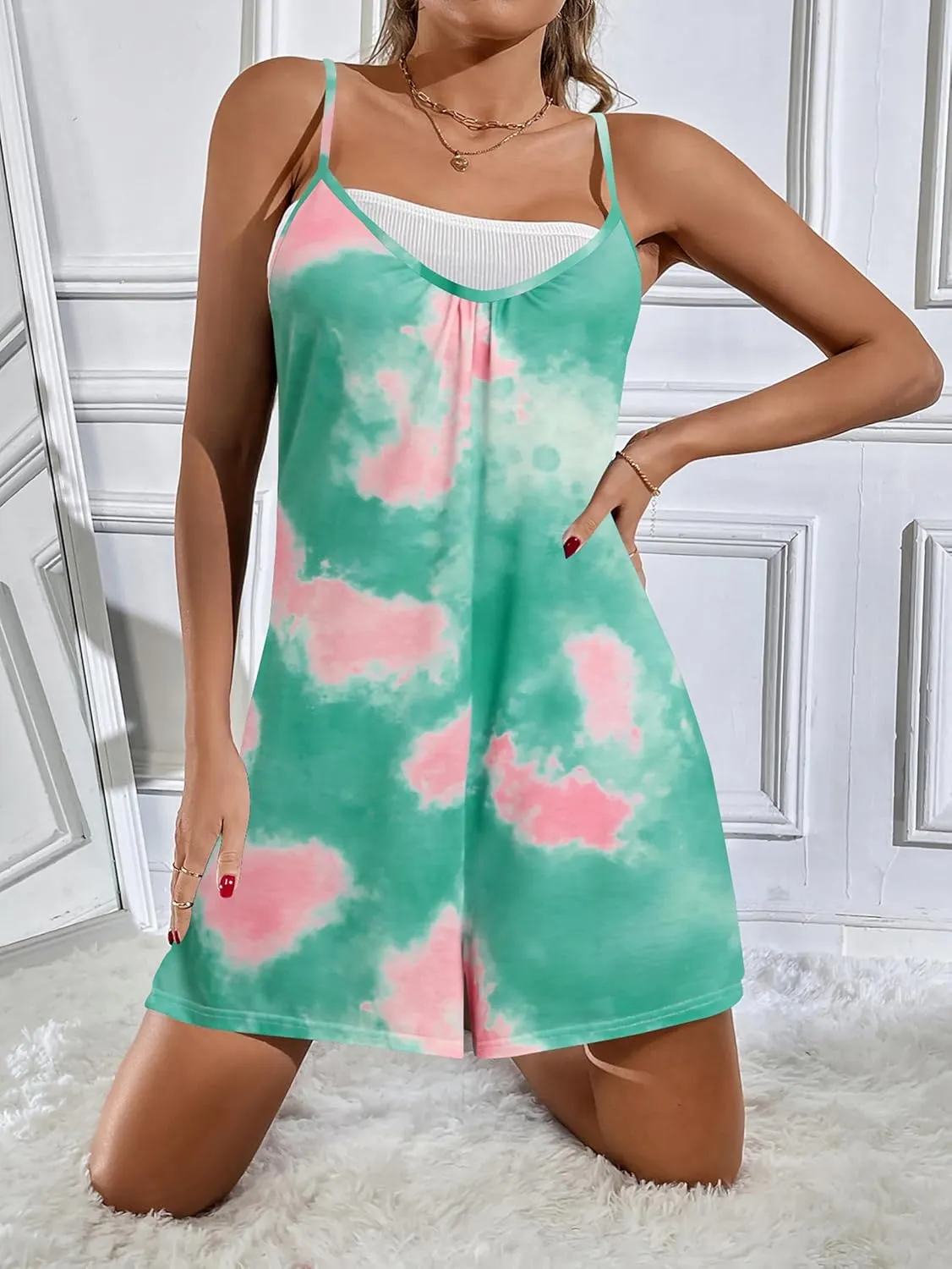 Ekouaer Womens Summer Casual Sleeveless Romper Adjustable Spaghetti Strap Shorts Jumpsuits with Pockets 2025 Clothes