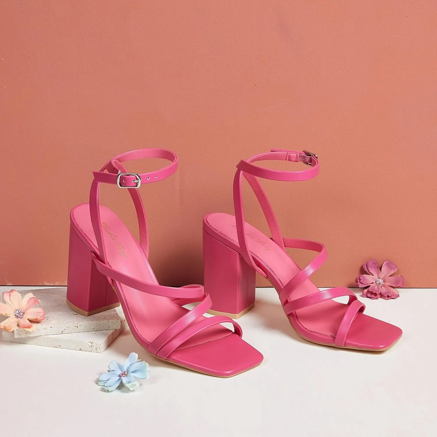 Elisabet Tang Women's Strappy Chunky Heels Sandals, Ankle Strap 3 inch Mid Block Heels Lace up Square Open Toe Thick Heeled Sandals Shoes