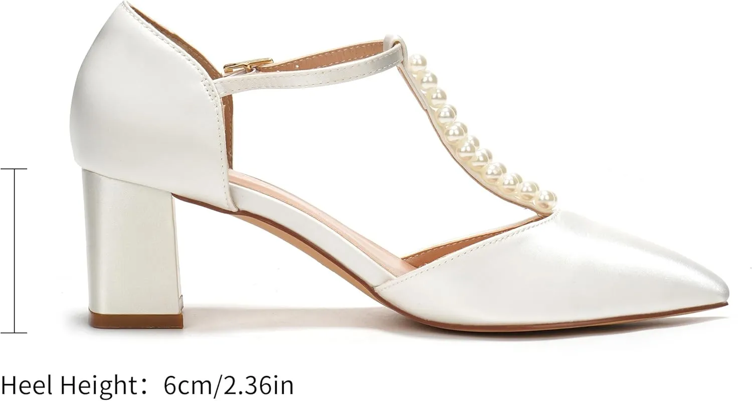 Elivandon J1587 Women's Satin Pointed Toe Mid-Heel Evening Sandals 2.36 inches Block Heel Bridal Party Wedding Pumps with Double Pearl T-Strap