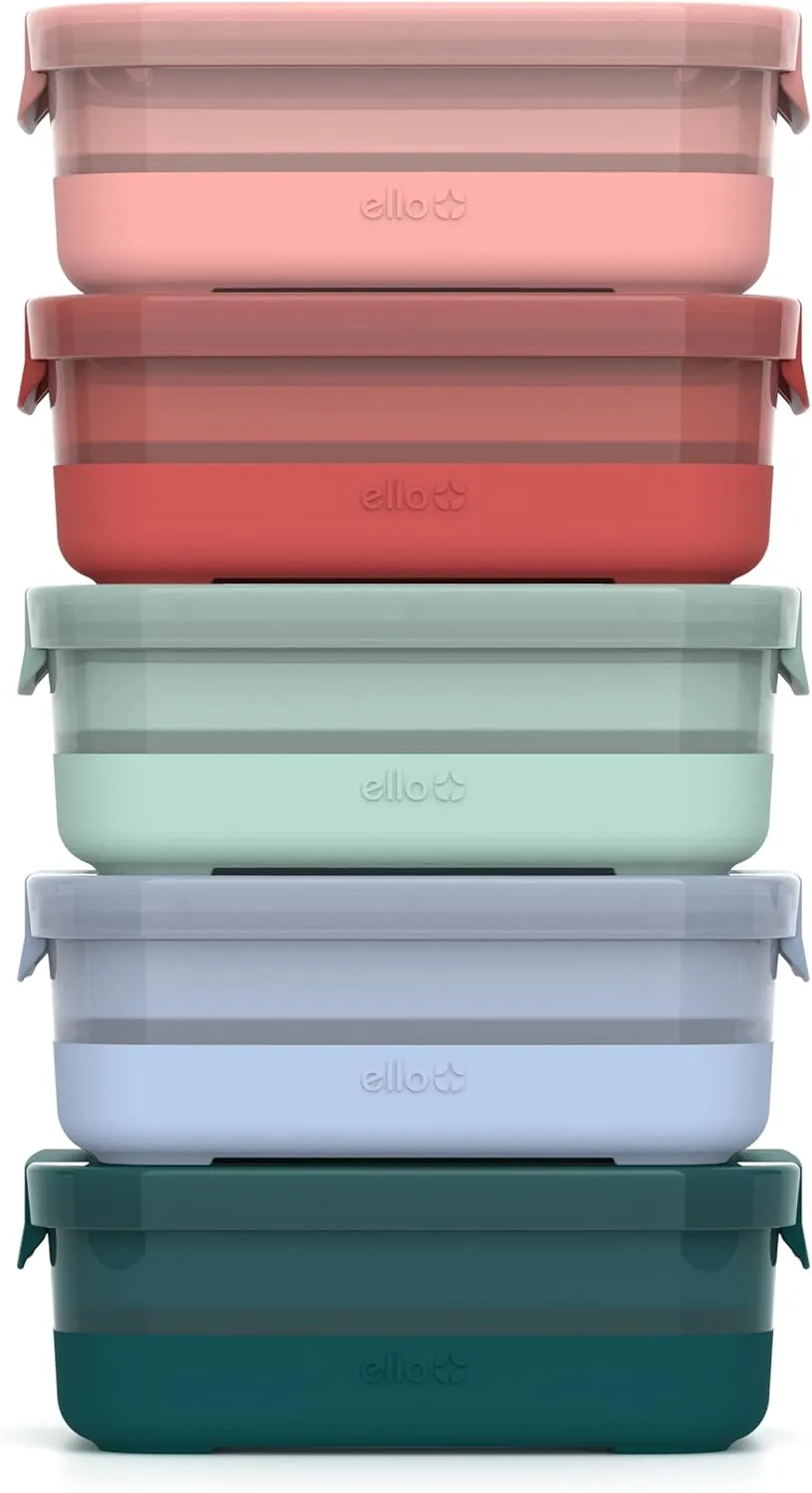 Ello Plastic 3.7 Cup Meal Prep Set 10 Pc, 5 Pack Set - BPA Free Plastic Food Storage Container with Silicone Boot and Airtight Plastic Lids, Dishwasher, Microwave, and Freezer Safe, Melon