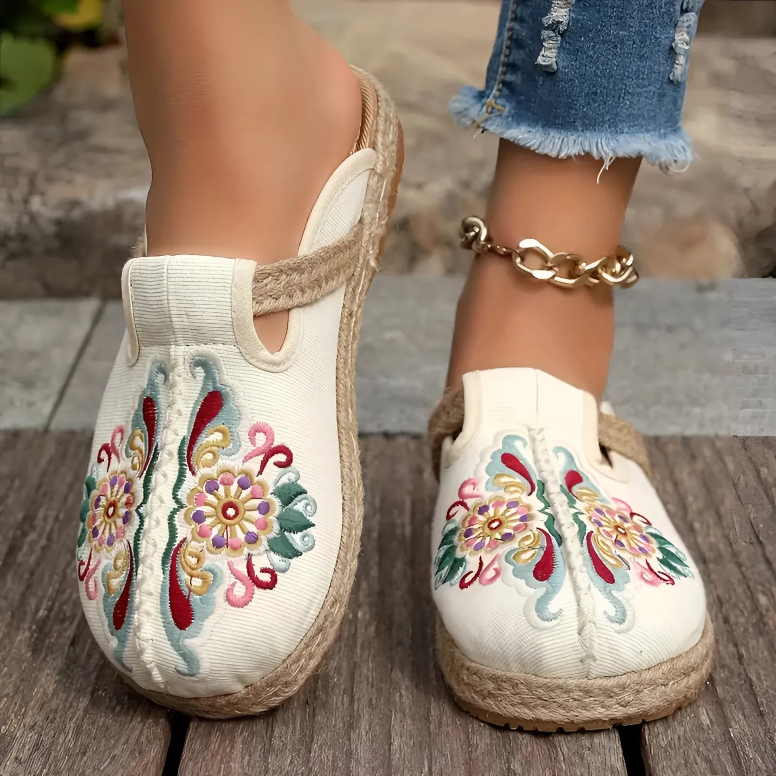 Embroidered Floral Espadrilles - Boho Chic Slip-On Summer Shoes