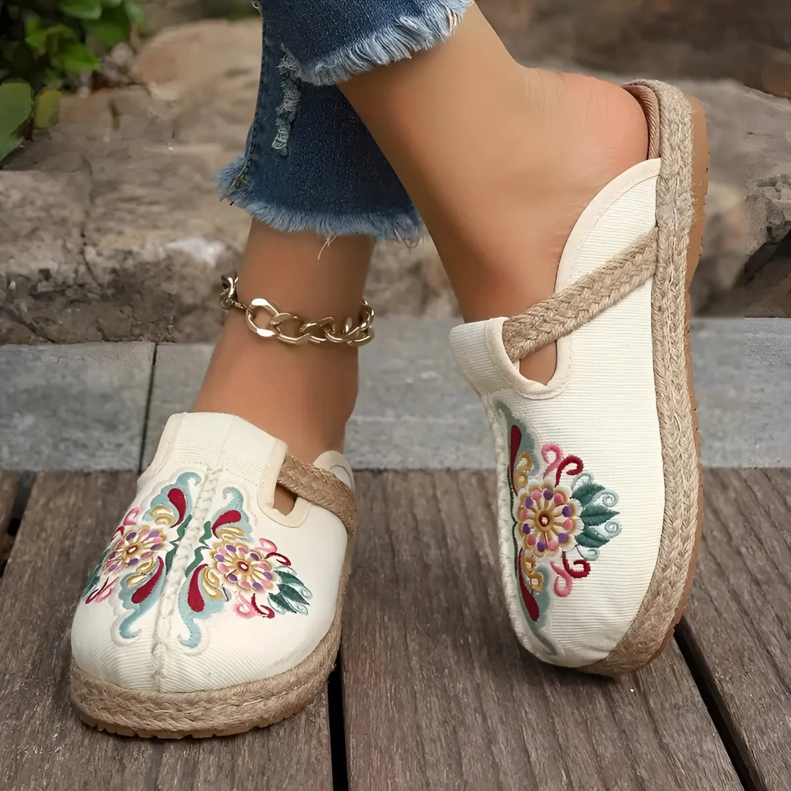 Embroidered Floral Espadrilles - Boho Chic Slip-On Summer Shoes