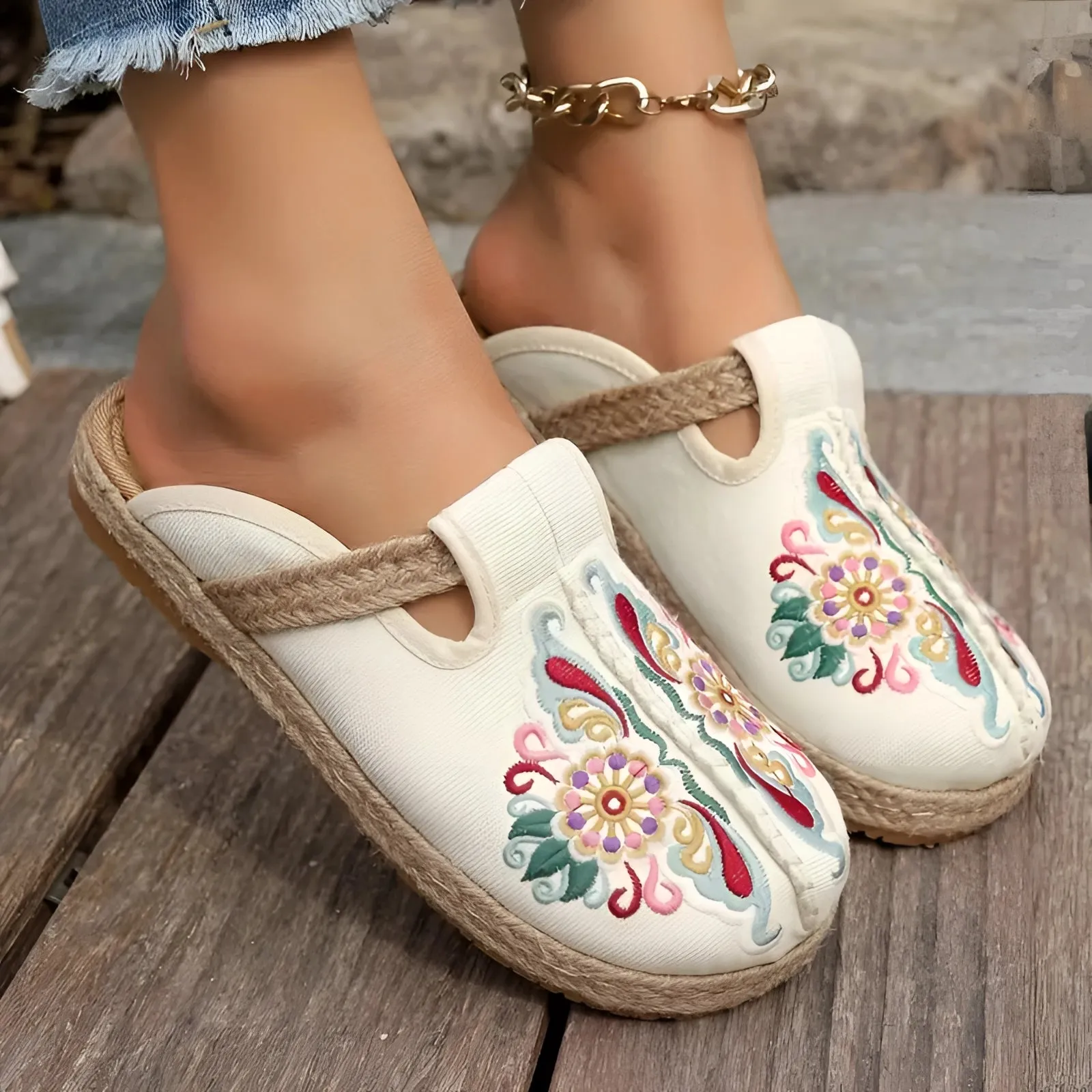 Embroidered Floral Espadrilles - Boho Chic Slip-On Summer Shoes