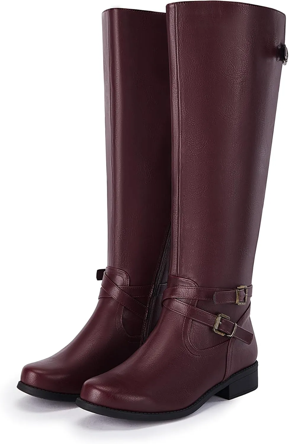 Ermonn Womens Knee High Boots Wide Calf Flat Low Heel Side Zipper Faux Leather Fashion Winter Riding Boot