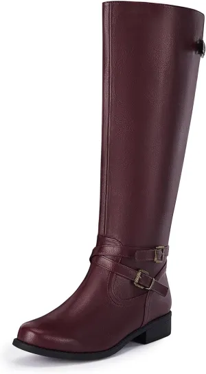 Ermonn Womens Knee High Boots Wide Calf Flat Low Heel Side Zipper Faux Leather Fashion Winter Riding Boot