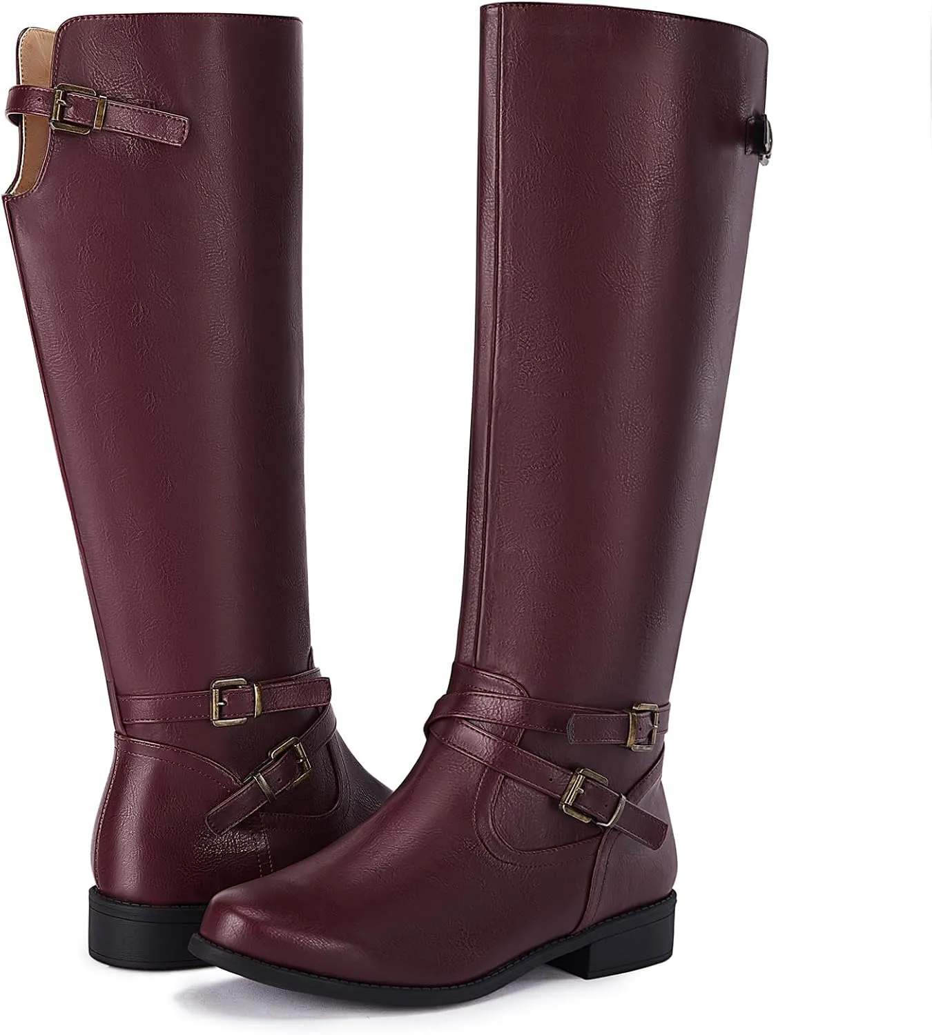 Ermonn Womens Knee High Boots Wide Calf Flat Low Heel Side Zipper Faux Leather Fashion Winter Riding Boot