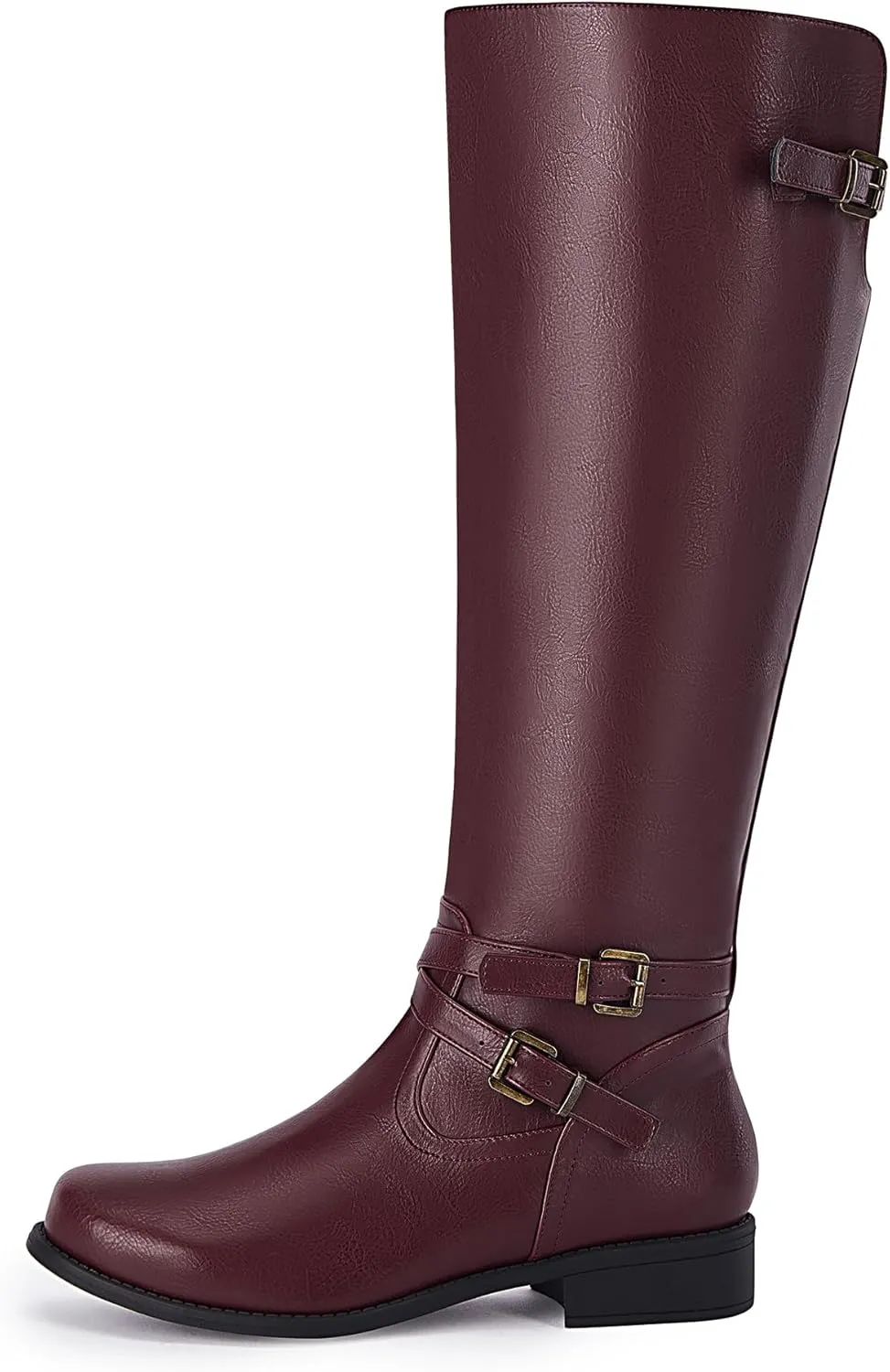 Ermonn Womens Knee High Boots Wide Calf Flat Low Heel Side Zipper Faux Leather Fashion Winter Riding Boot